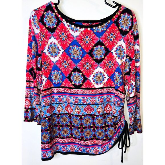 Ruby Rd. XL Multicolor Boho Tunic Top With Drawstring Ruched side 3/4 Sleeves - Picture 1 of 4